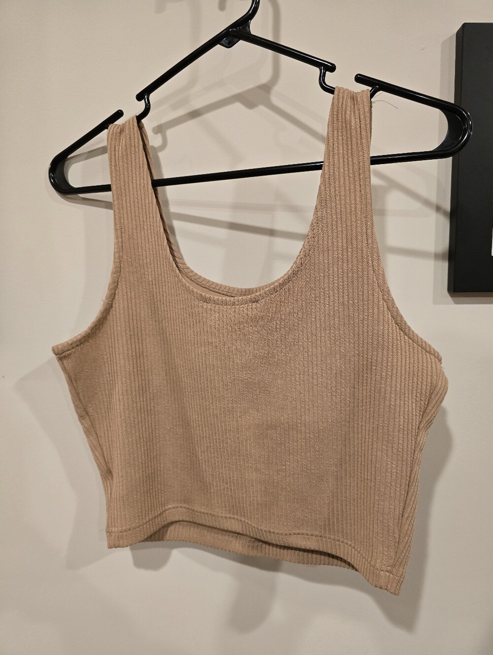 Scoop-Neck Ribbed Crop Tank in Tan